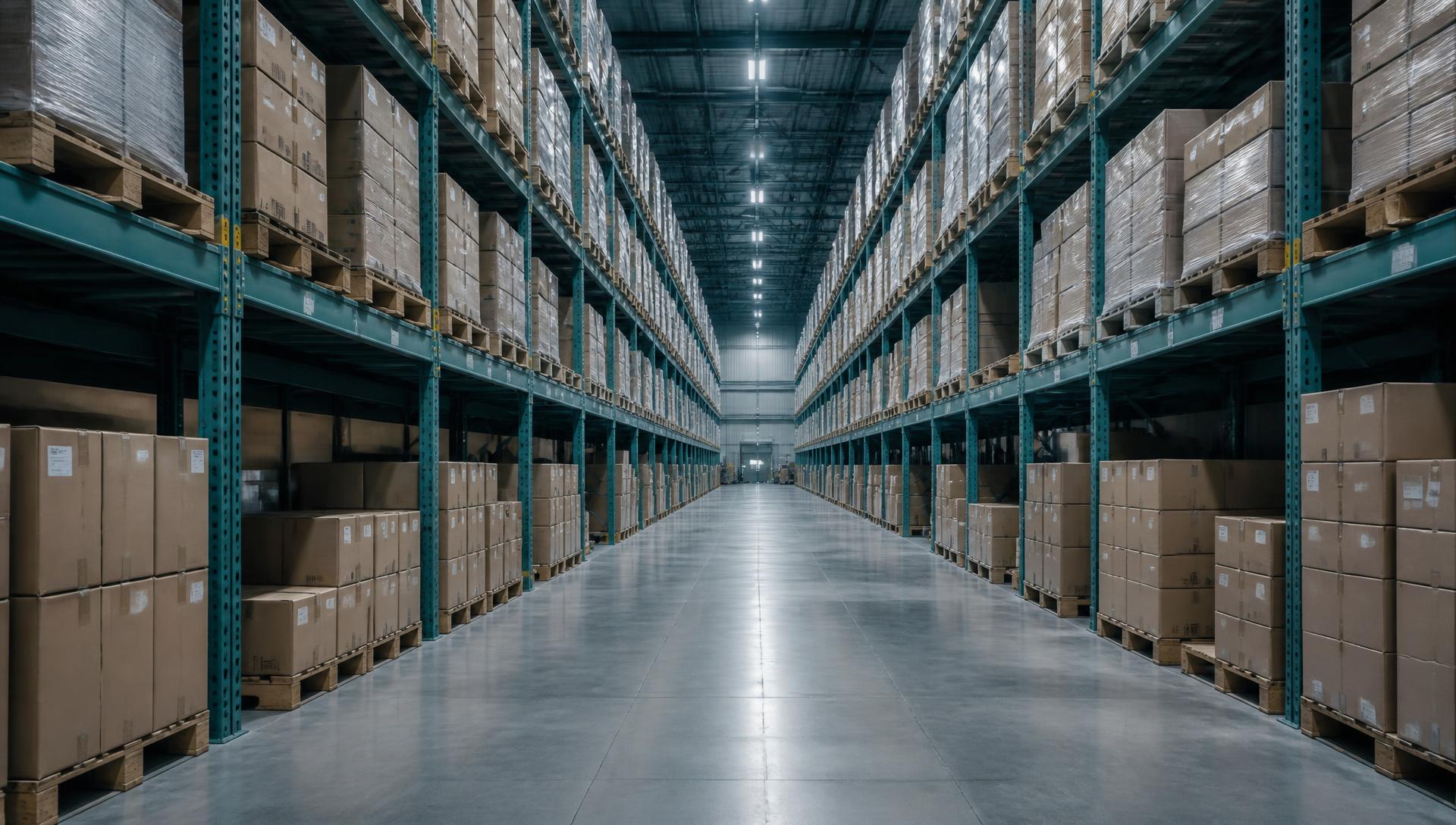 Wholesale distribution warehouse aisle stacked with cases of brand-name products
